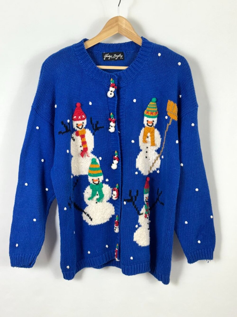 Vtg Gladys Bagley Snowman Christmas Cardigan Sweater Blue Teacher Holiday Party